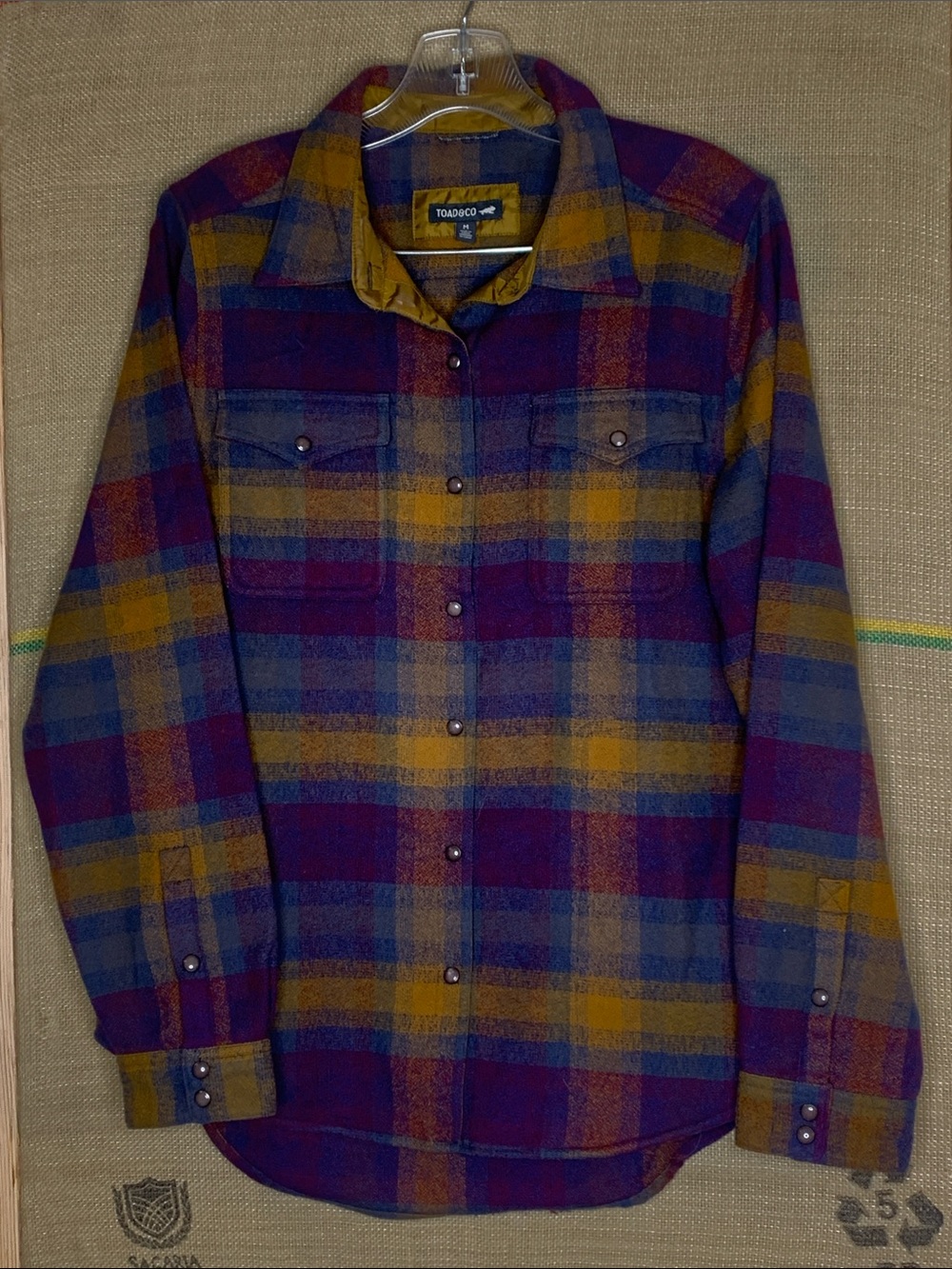 Toad&Co Ladie’s Purple and Mustard wool Plaid Button-Down Shirt
